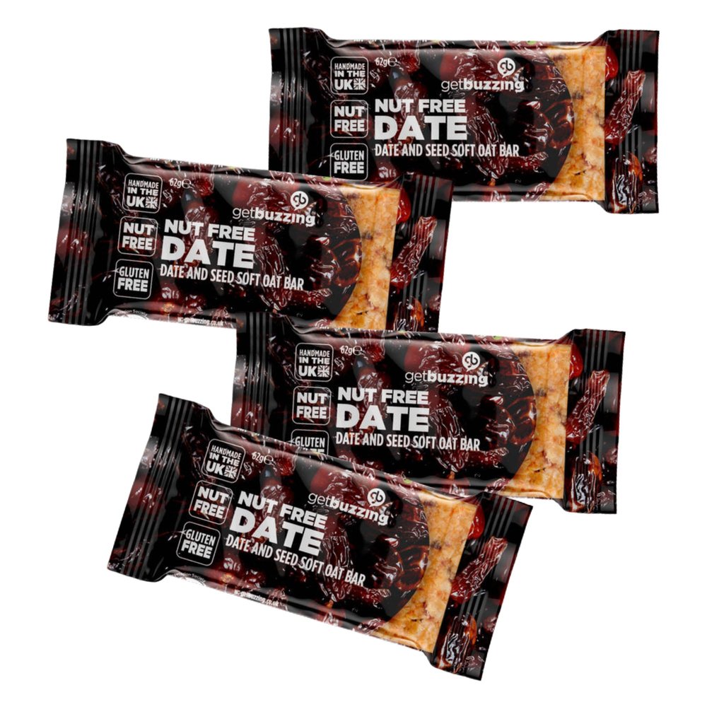 Getbuzzing Nut Free Oat Flapjacks - Gluten Free Healthy Snacks - Energy Bars For Running, Cycling, Gym - Pack of 4 x 62g (Dates & Seeds)
