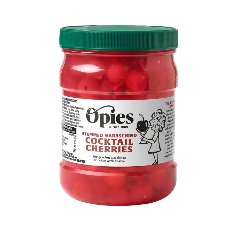 Opies Stemmed Maraschino Cocktail Cherries 1.15kg Premium Bright Red Cocktail & Garnish Cherries in Flavoured Maraschino Syrup