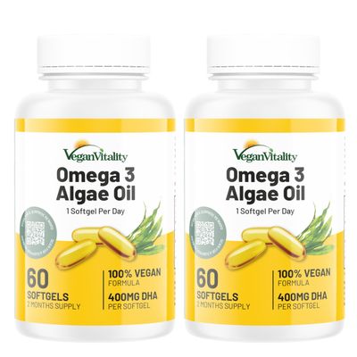 Omega 3 Algae Oil x2 Bundle : 400mg DHA - for Heart, Joints, Brain Health, High Strength 120 Softgel Tablets, 4 Months Supply. Vegan Vitality's Algae Omega 3 - Vegans, Vegetarians DHA Supplement