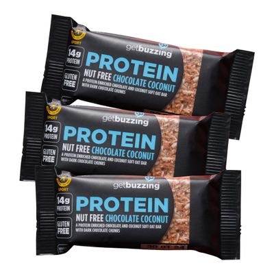 Getbuzzing Nut Free Oat Protein Flapjacks - Gluten Free Healthy Snacks - Energy Bars For Running, Cycling, Gym - Pack of 3 x 55g (Chocolate Coconut)