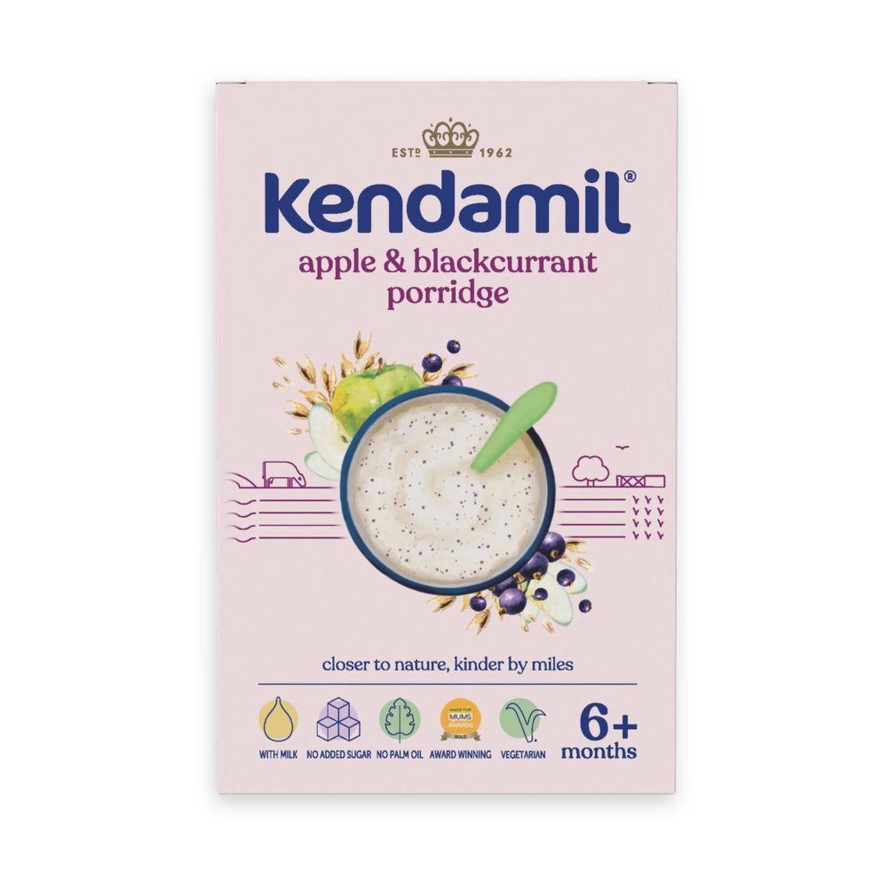 Kendamil Apple & Blackcurrant Baby Porridge (6+ Months) Baby Weaning Porridge Easy Just Add Water Real Fruit Cereal, Essential Vitamins & Minerals 7x150g (approx. 50 Servings)