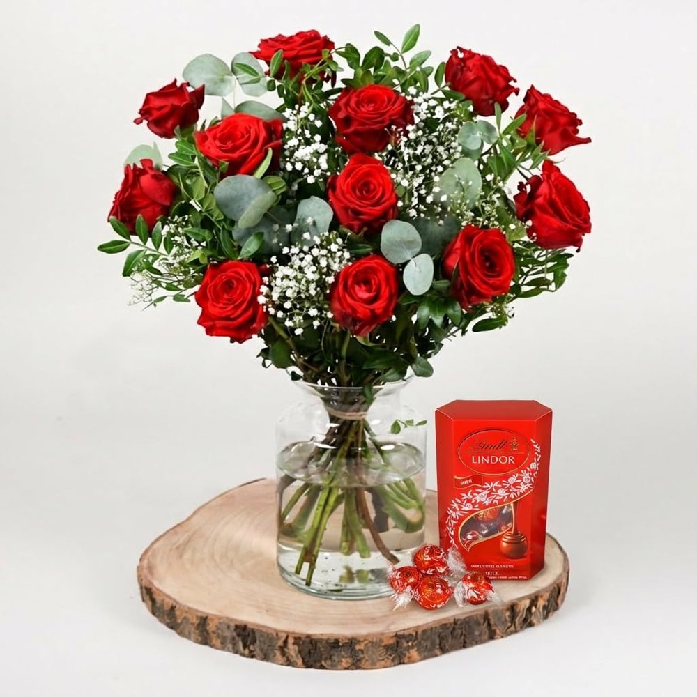 Flower Of Love Red Rose Fresh Flower Bouquet With Luxury Chocolates Gift For Valentines Day Romantic Anniversary Birthday For Her Or Him, Hand-Tied, Next Day Delivery Uk