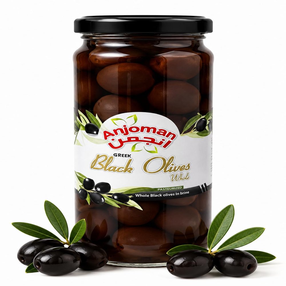 Anjoman Volos Black Whole Olives Jumbo 358ml - Rich Savory Greek Black Olives with Pits, Mediterranean for Gourmet Cooking & Entertaining