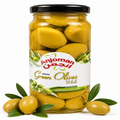 Anjoman Green Whole Olives Mammoth Size 358ml - Large Juicy Greek Green Olives with Pits, Mediterranean for Cooking & Gourmet Snacking
