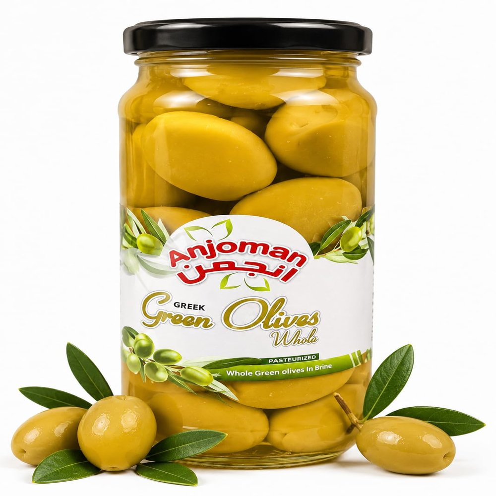 Anjoman Green Whole Olives Mammoth Size 358ml - Large Juicy Greek Green Olives with Pits, Mediterranean for Cooking & Gourmet Snacking