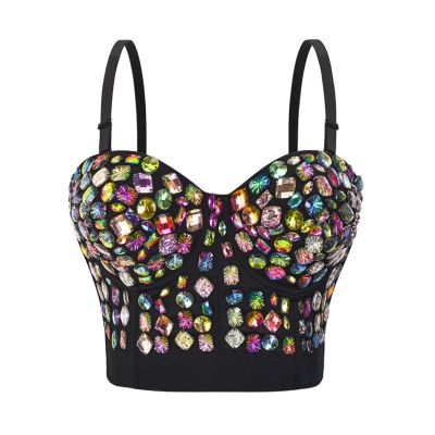 2026 Women Performance Clothing Hand Stitched Night Club Rhinestone Sequin Corset Top, black, XXL