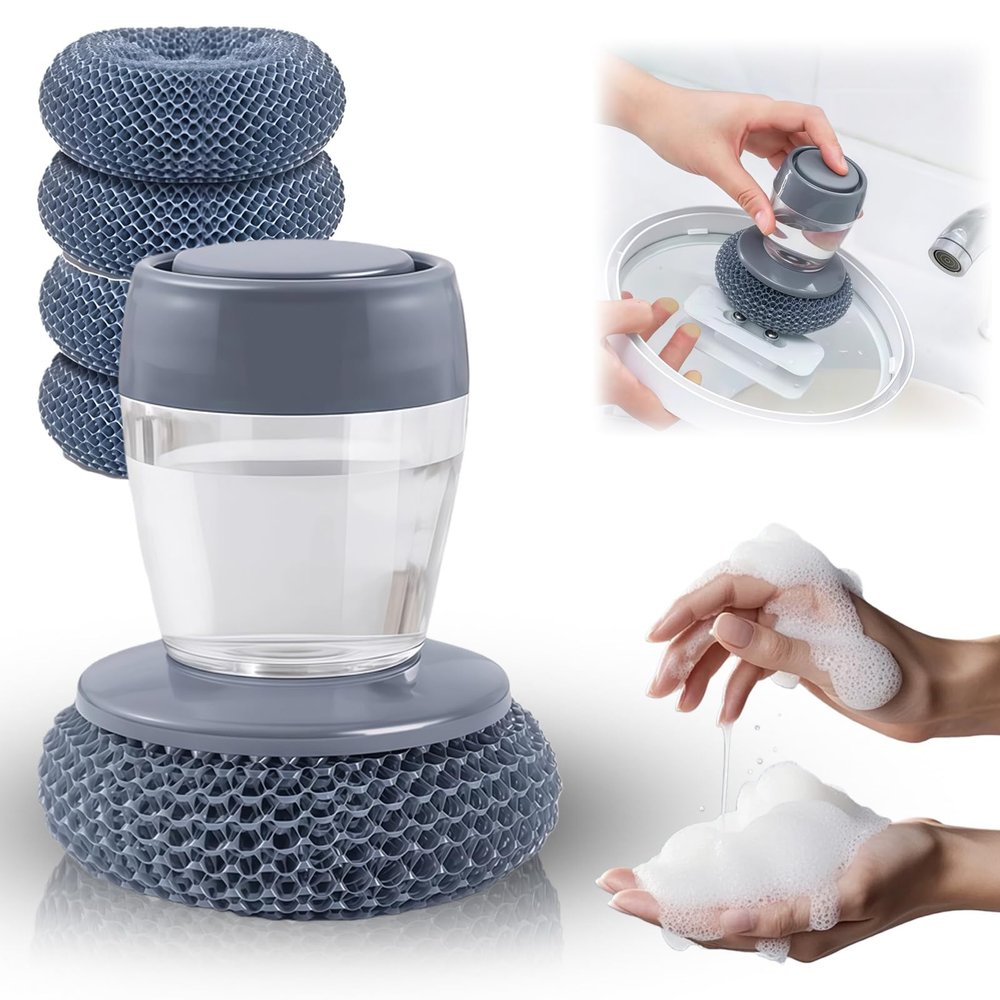 2026 New Comfort Grip Soap Dispensing Kitchen Scrub with 4 Cleaning Balls, Automatic Liquid Pot Brush with Soap Dispenser, Replaceable Cleaning Brush (1PC)