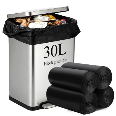 30L Biodegradable Bin Liners 100 Bags, 8Gallon/30 Litre Food Waste Bags Thickened Compostable Trash Caddy Liners, Recycled Degradable Garbage Rubbish Bag for Kitchen Bathroom,Green 60 x 65cm (Black)