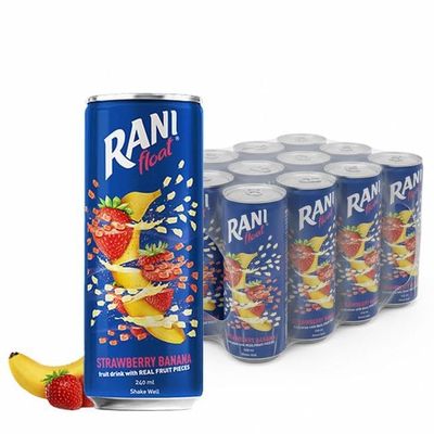 Anjoman Pack Of 12 Rani Float Drink Strawberry & Banana Float Drink with Real Fruit Pieces Can, 240ml