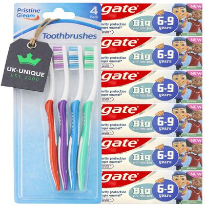 C o l g a t e Kids Mild Mint Toothpaste (6 50 ml) for Ages 69, Plus 4 toothbrushes 10-piece Bundle