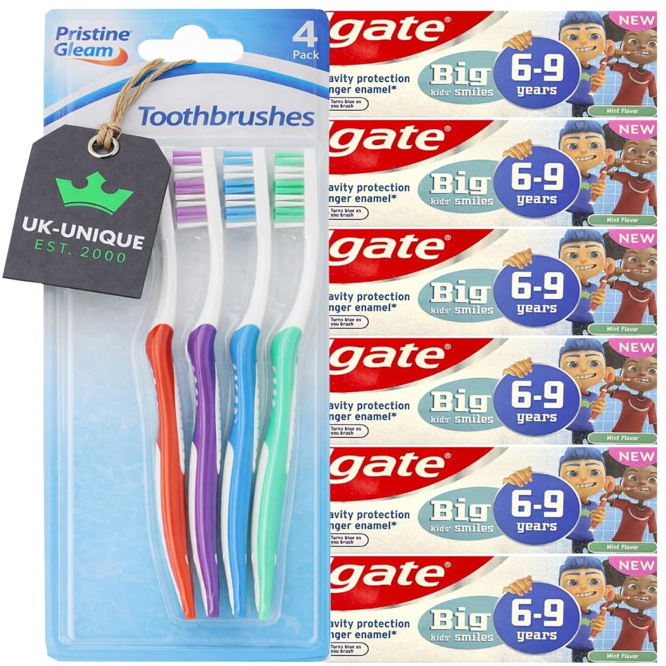 C o l g a t e Kids Mild Mint Toothpaste (6 50 ml) for Ages 69, Plus 4 toothbrushes 10-piece Bundle