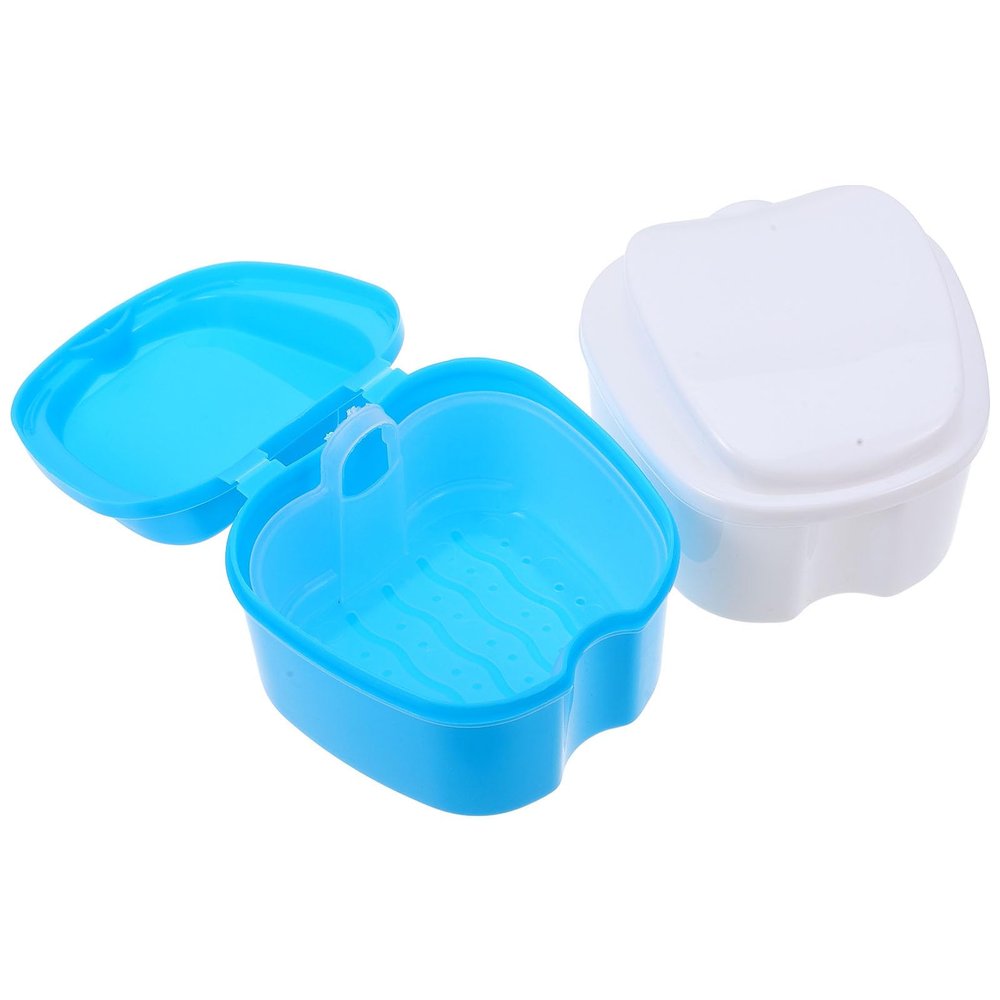 Abaodam Dental Retainer Storage Box 2Pcs Mini Portable Leak-Resistant Case for False Teeth Travel White Light Blue