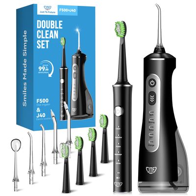 JTF Electric Toothbrush with Water Flosser Combo, 2-in-1 Portable Oral Clean Kit for Teeth Brushing & Flossing,Multiple Modes for Teeth Cleaning and Gum Health Home & Travel Use, Black