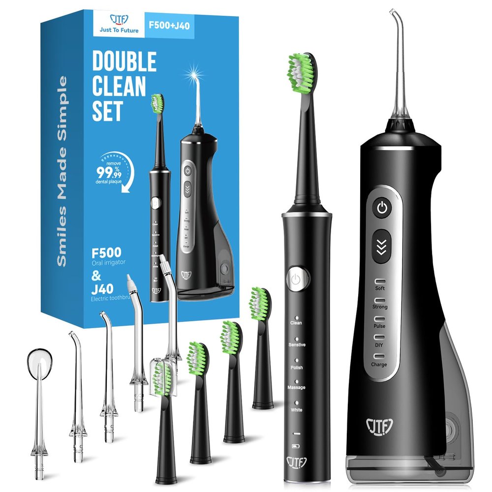 JTF Electric Toothbrush with Water Flosser Combo, 2-in-1 Portable Oral Clean Kit for Teeth Brushing & Flossing,Multiple Modes for Teeth Cleaning and Gum Health Home & Travel Use, Black