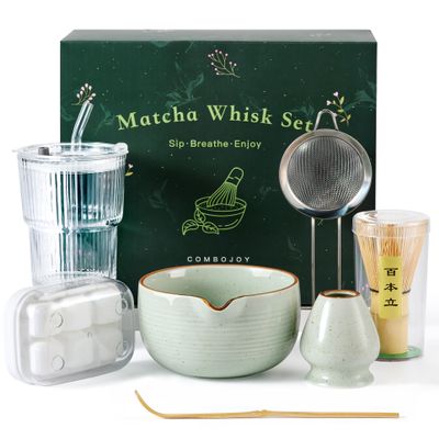 ComboJoy Matcha Whisk Set, Complete Matcha Kit with Bowl, Bamboo Whisk & Holder, Scoop, Sifter, Glass Cup with Lid & Straw, Ice Cube Tray Matcha Gift Set for Matcha Lovers