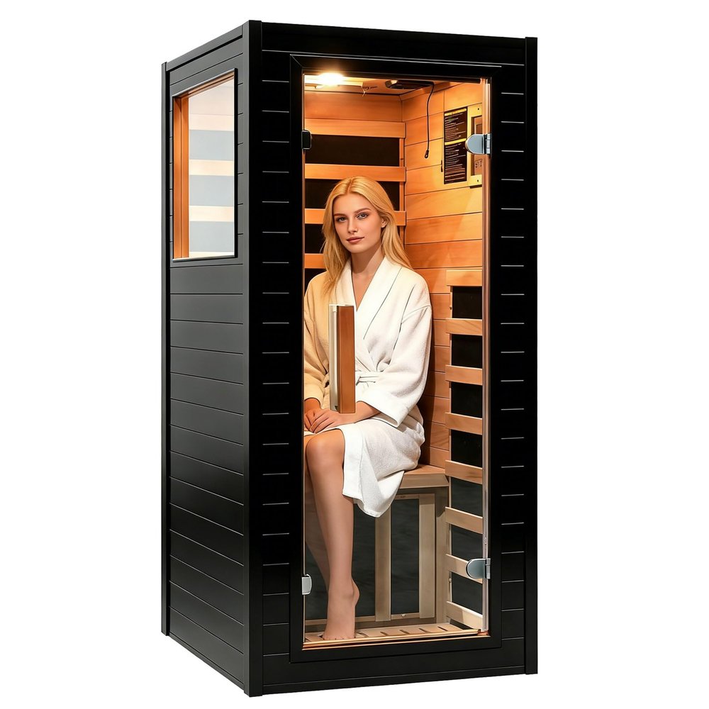 Amocane Mini 1 Person Infrared Sauna, Far Infrared Sauna Spa with Remote Control, Okoume Wood Dry Sauna with Carbon Heaters, Corner Saunas with Glass Door for Home & Gym & Apartment 75 x 85 x 160cm