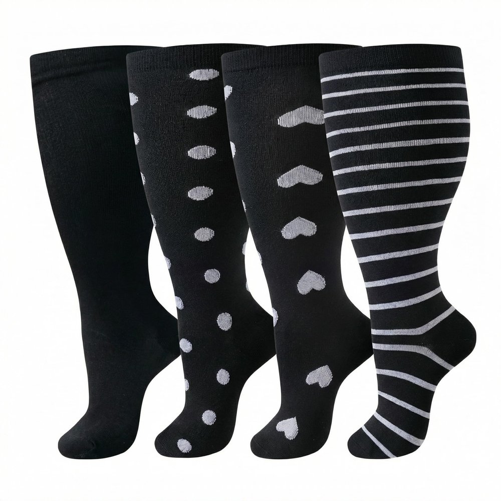 4 Pairs Plus Size Compression Socks for Women & Men, 2030 mmHg Wide Calf Knee High Socks, Flight & Travel Support, Best for Circulation, Running, Nursing, Athletic Use