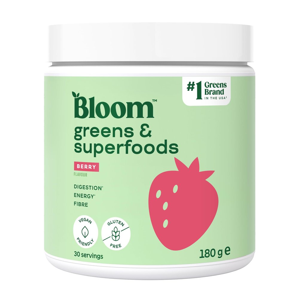 Bloom Super Greens Powder Berry (30 Servings) with Probiotics, Digestive Enzymes, Spirulina & Chlorella, Sugar-Free