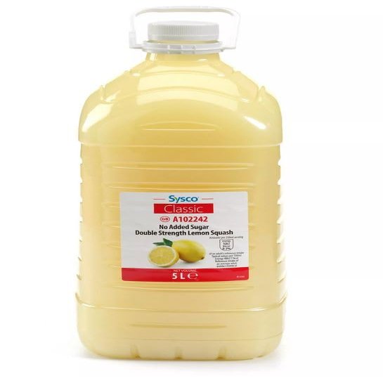 Sysco Classic Double Strength Lemon Squash No Added Sugar 5 Litres Concentrated Diluting Juice Drink Catering and Home Use