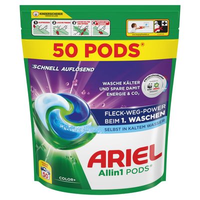 Ariel Allin1 PODS Liquid Detergent Capsules 50 Washes, Colour+, Stain Away Power from the First Wash, Even in Cold Water