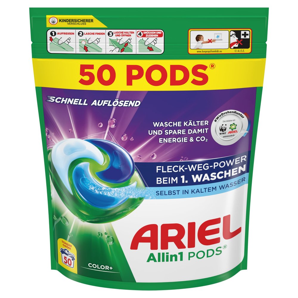 Ariel Allin1 PODS Liquid Detergent Capsules 50 Washes, Colour+, Stain Away Power from the First Wash, Even in Cold Water