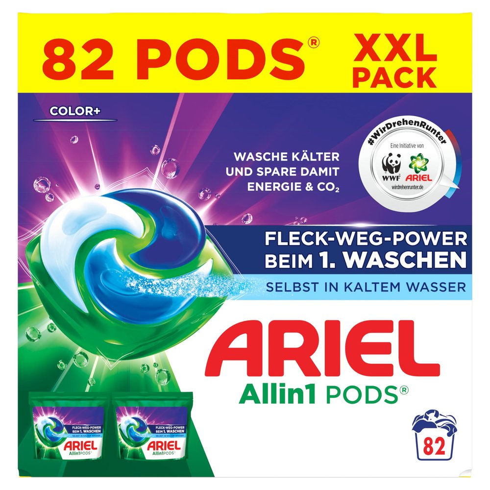 Ariel Allin1 PODS Liquid Detergent Capsules 82 Washes, Colour+, Stain Away Power from the First Wash, Even in Cold Water