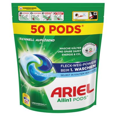 Ariel Allin1 PODS Liquid Detergent Capsules 50 Washes, Universal+, Stain Away Power from the First Wash, Even in Cold Water