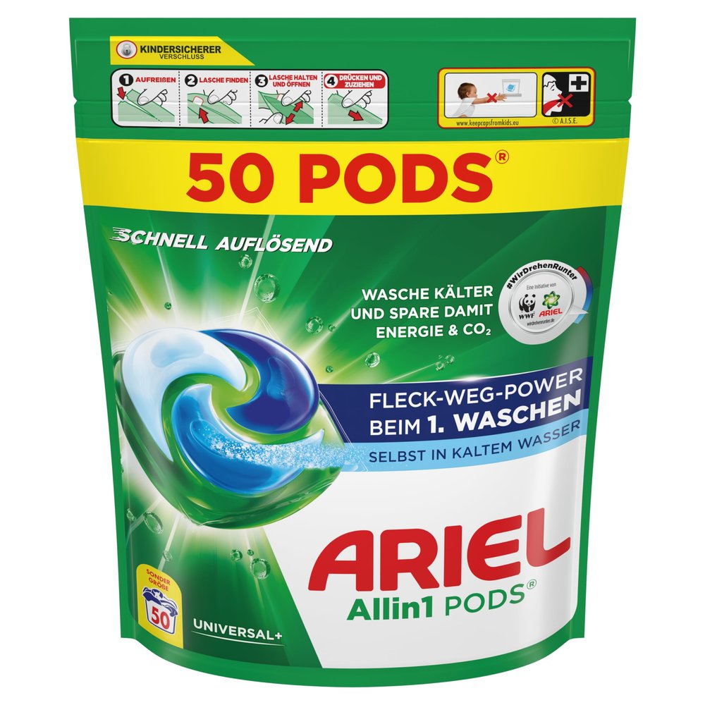 Ariel Allin1 PODS Liquid Detergent Capsules 50 Washes, Universal+, Stain Away Power from the First Wash, Even in Cold Water