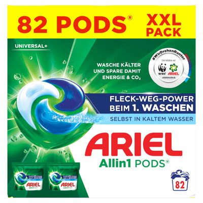 Ariel Allin1 PODS Liquid Detergent Capsules 82 Washes, Universal+, Stain Away Power from the First Wash, Even in Cold Water