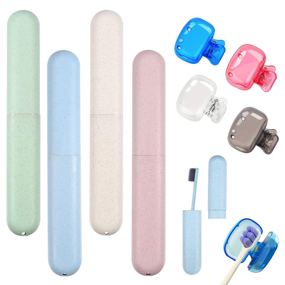 4 Pack Toothbrush Case & 4 Pack Toothbrush Covers Head Cap, Portable Travel Toothbrush Holder & Protective Caps for Home, Travel, and Daily Use