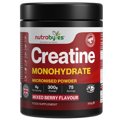 Flavoured Creatine Monohydrate Powder 300g | 75 Servings | Pure Micronised Creatine Powder Supplement | Pre & Post Workout | Muscle Growth, Strength & Recovery | Vegan | Men & Women | Mixed Berry | UK