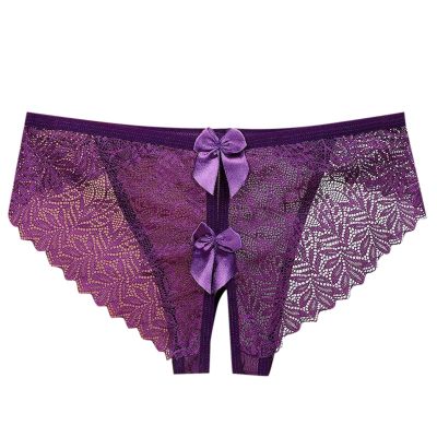 2026 Women's Underwear Seductive Lace with Hollow Back Open Crotch Seductive Bow for Pure Seduction (Purple, L)