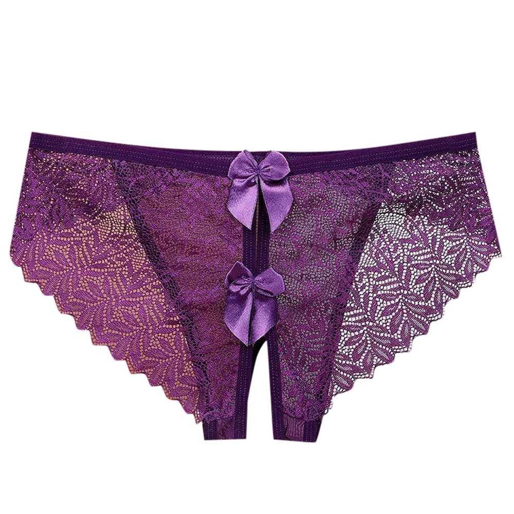 2026 Women's Underwear Seductive Lace with Hollow Back Open Crotch Seductive Bow for Pure Seduction (Purple, L)