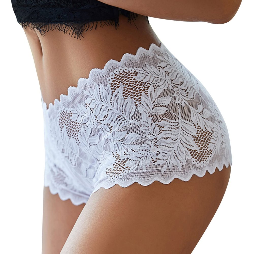 2026 Women Lace Boyshorts Floral Low Waist Sexy Lingerie Underwear, White, L
