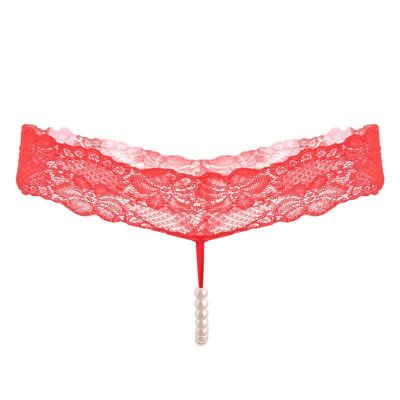 2026 Elegant Lace T-Shirt with Integrated Pearl Massage as Seductive Women's Thong in Transparent Design, red, One Size