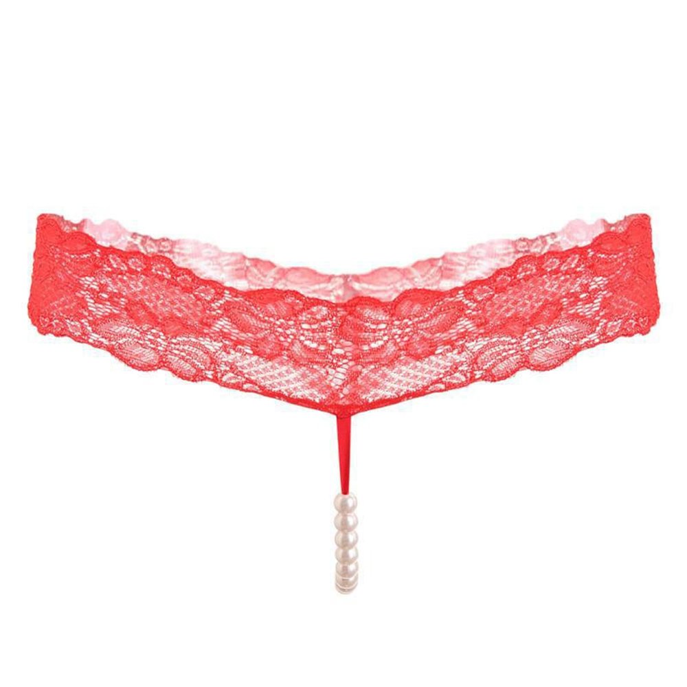 2026 Elegant Lace T-Shirt with Integrated Pearl Massage as Seductive Women's Thong in Transparent Design, red, One Size