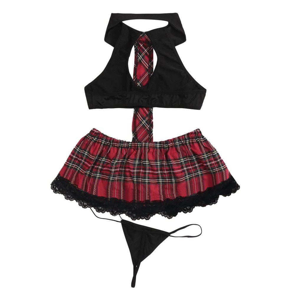 2026 Women's Costume Lingerie Set for Seductive Cosplay with Checked Skirt Outfit (Black, XL)