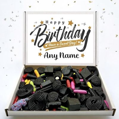 Any Name Liquorice Mixture Birthday Sweet Box, Fun Pick n Mix Selection Letterbox Gift (450g, Customised)