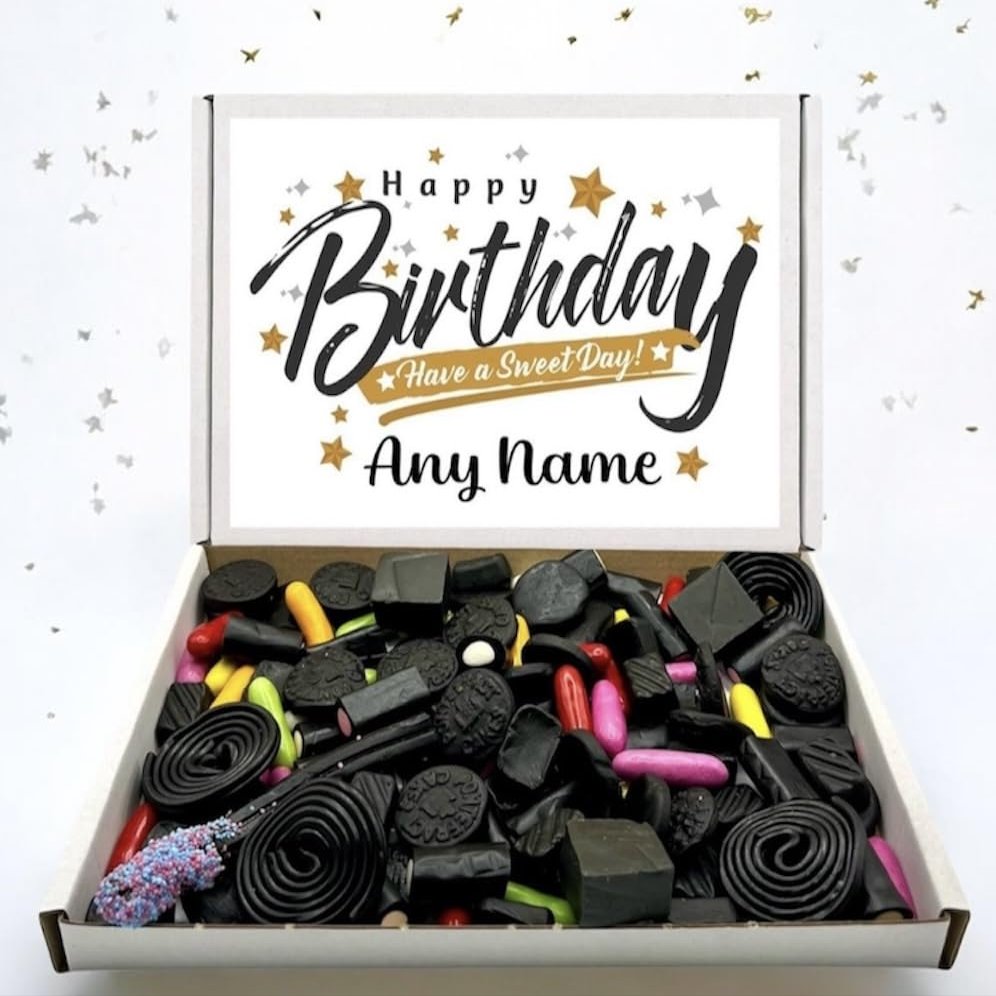 Any Name Liquorice Mixture Birthday Sweet Box, Fun Pick n Mix Selection Letterbox Gift (450g, Customised)