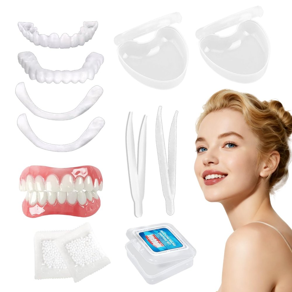 2 Pcs False Teeth Set, Silicone Dentures Full Mouth, False Teeth Set Full Dentures for Men and Women, Comfortable Natural and Fit