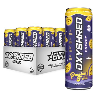 EHP Labs OxyShred Healthy Energy Drink - Sugar Free Energy Drinks with Amino Acids, Green Tea Extract, Vitamin C & L Carnitine - Carb Free, Calorie Free, Natural Caffeine - Passionfruit (12-Pack)