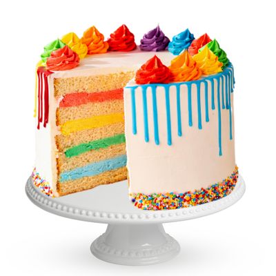 Patisserie Valerie Rainbow Celebration Cake 5 Layer Vanilla Sponge with Rainbow Cream Filling, Swiss Meringue Buttercream, Funfetti Sprinkles & Chocolate Drip Birthday Cake Delivery Vegetarian