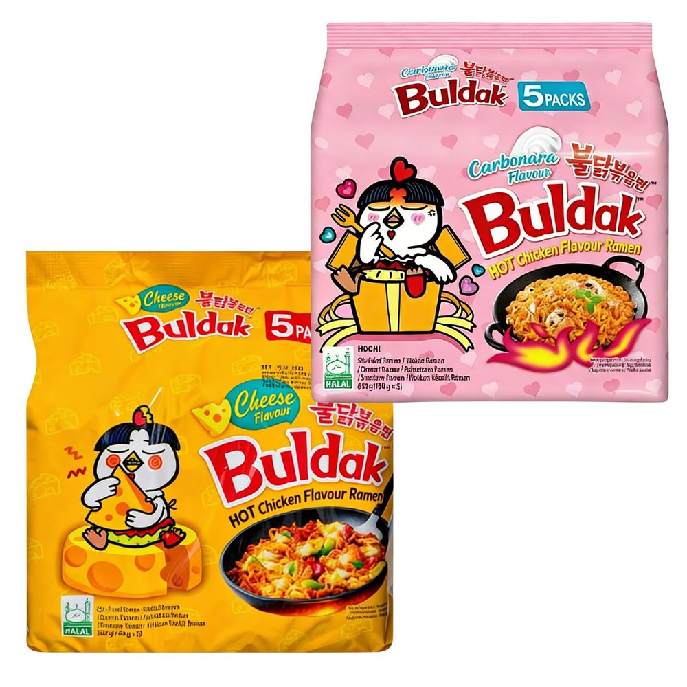 Buldak Noodles Hot Chicken Flavor Ramen 10 Pack - Ramen Instant NoodlesExcellent for Snack and Soups (Carbonara + Cheese)