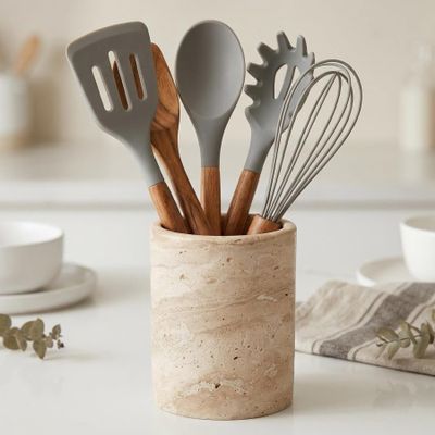 BekPooQ Travertine Stone Utensil Holder, Natural Beige, 6 Inch Height, 5 Inch Width, 5.51 Pounds