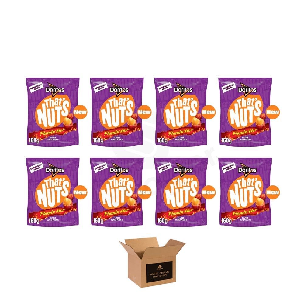 Doritos Tortilla Chips Bold Crunch, Iconic Taste | Crispy Flavoured Corn Chips in Variety of Flavors 5 Snack Bags per Pack | Party, Movie Night Crisps (Pack 8, THATS NUTS EXTRA FLAMIN HOT 160g)
