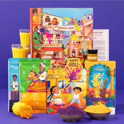 LoveNspire Premium Holi Gift Box - 2 Natural Gulal Colors (Purple & Orange), Thandai Mix & Chandan Tika | Holi Hamper with Greeting Card for Gifting & Celebration Pack of 1