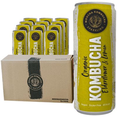 12 cans Moocha Kombucha drink - Elderflower & Lemon