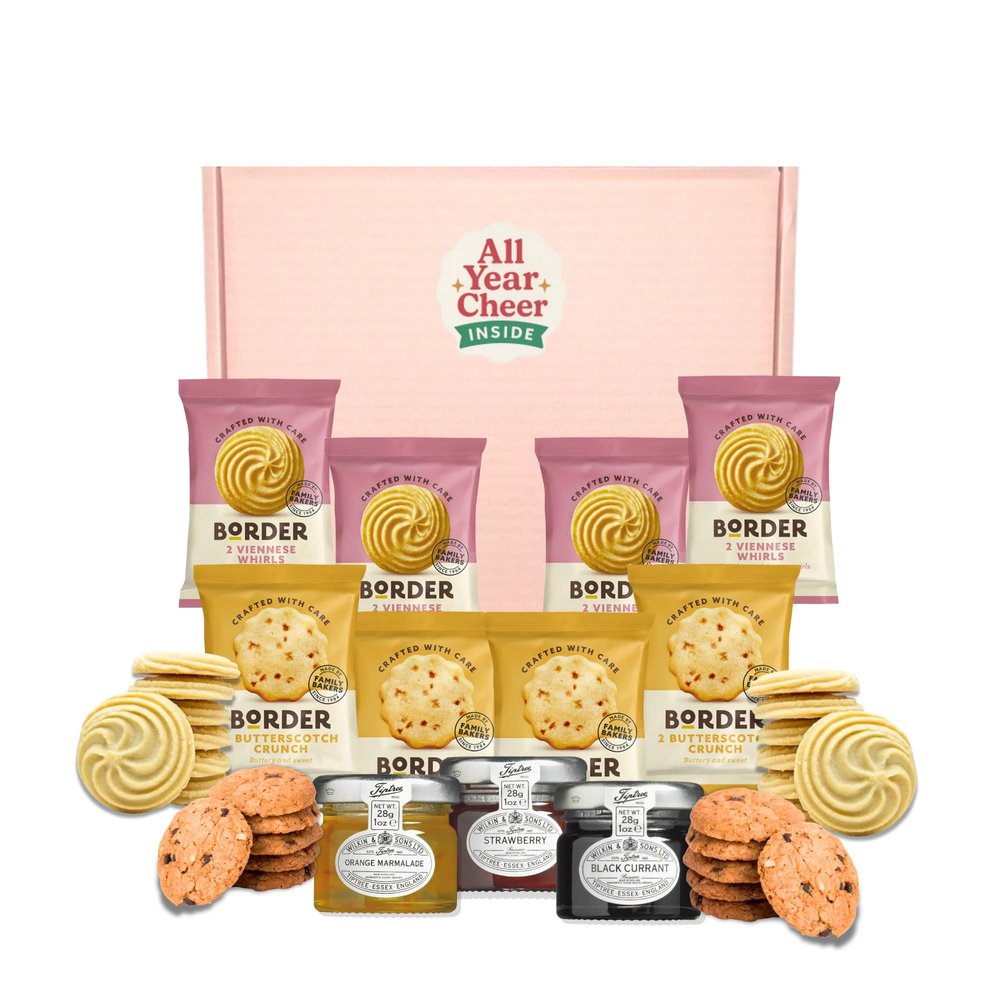 All Year Cheer Biscuit & Jam Gift Box Border Biscuits Selection with Luxury Strawberry, Blackcurrant & Orange Marmalade Letterbox Friendly Gift for Birthdays, Thank You & Occasions