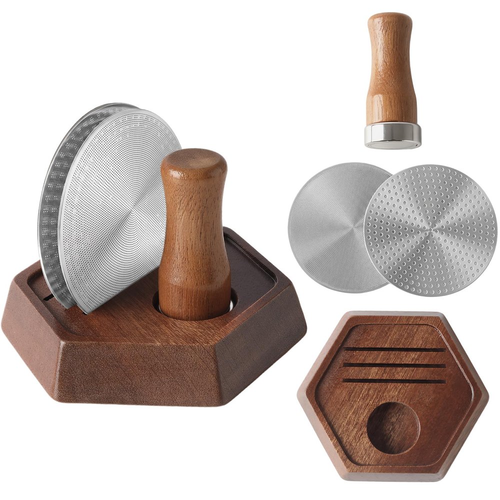 4-Piece 53.3mm Espresso Puck Screen with Stand & Magnetic Wooden Handle