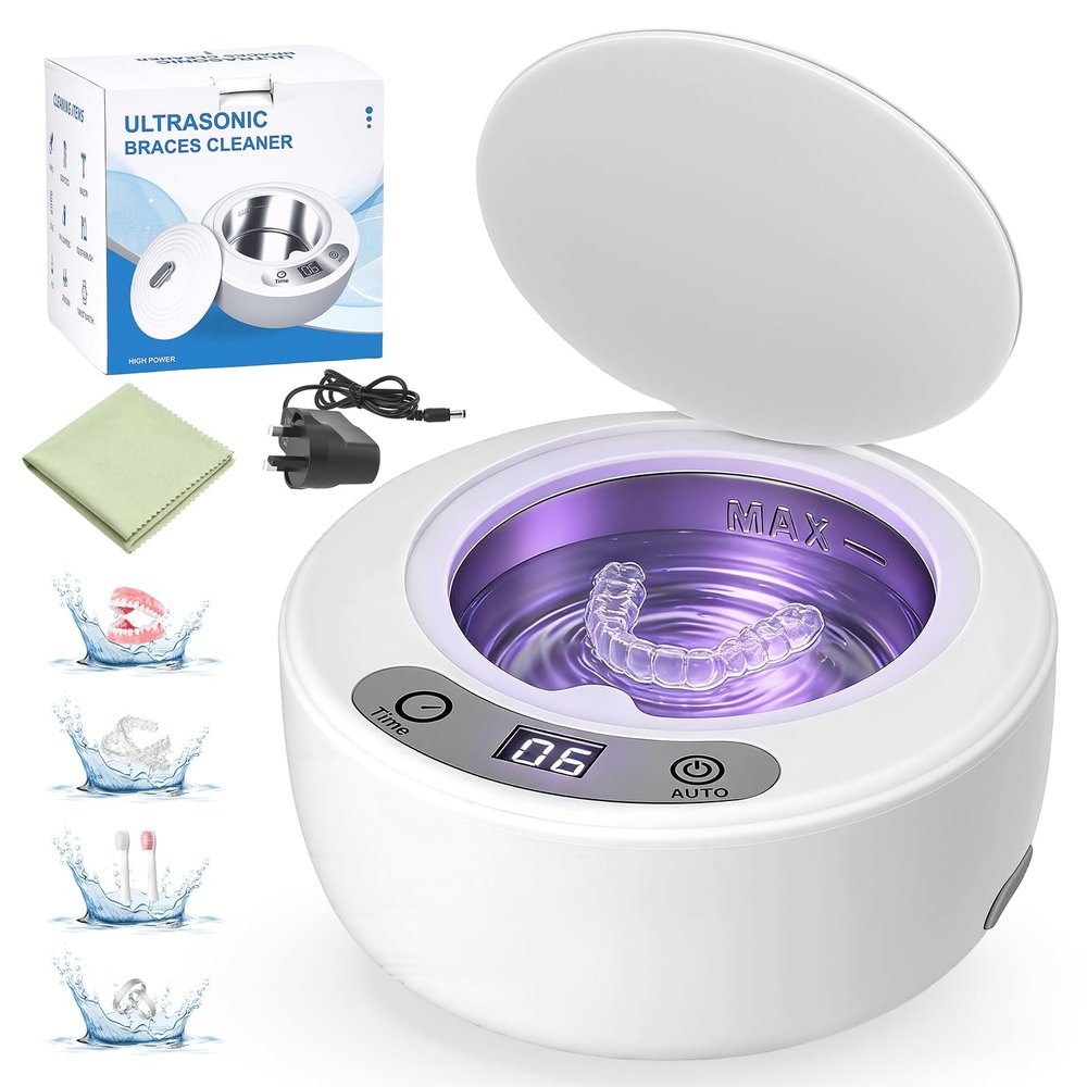 49KHz Ultrasonic Retainer Cleaner,180ml Ultrasonic Cleaner Machine,Portable Ultrasonic Tooth Cleaner with 5 Timer Modes for Retainers,Jewellery,Glasses,Dentures,Rings,Aligners,Braces,Watches Use